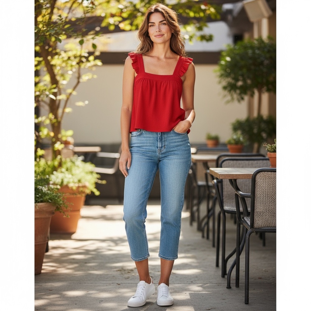 New In Tomato Red Ruffle Strap Crop Top - Picture 3 of 9